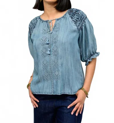Ivy Jane Smocked Sleeve Top In Light Blue Chambray