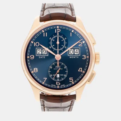 Pre-owned Iwc Schaffhausen Blue 18k Rose Gold Portugieser Iw3972-04 Automatic Men's Wristwatch 45 Mm