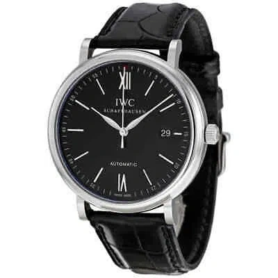 Pre-owned Iwc Schaffhausen Iwc Portofino Automatic Black Dial Black Leather Men's Watch 3565-02