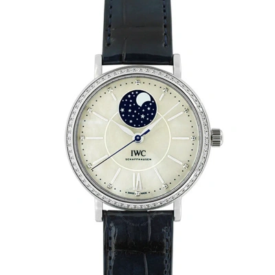 Iwc Schaffhausen Iwc Portofino Mother Of Pearl Moonphase Diamond Automatic Unisex Watch 4590-01 In Blue