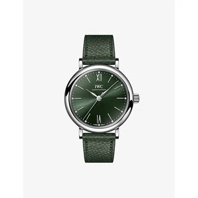 Iwc Schaffhausen Mens Portofino Stainless-steel And Leather Automatic 34mm In Green