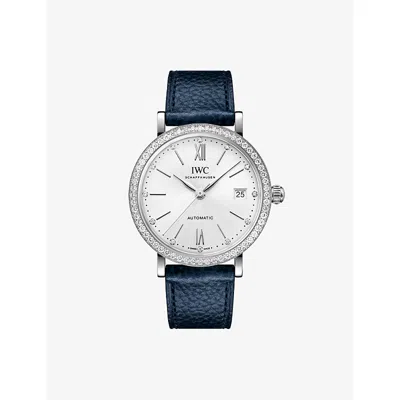 Iwc Schaffhausen Mens Portofino Stainless-steel, Leather And 1.12ct Brilliant-cut Diamond Automatic Watch 37mm In Brown