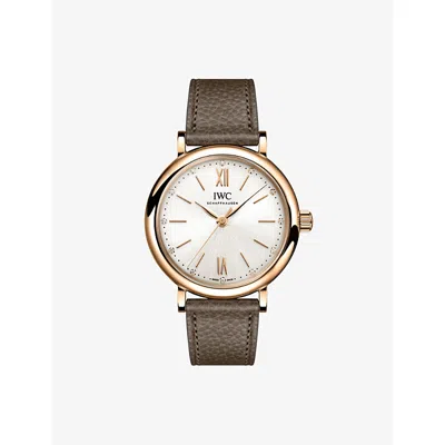 Iwc Schaffhausen Portofino 34mm Silver-plated 18ct 5n Gold And Leather Automatic Watch In Brown