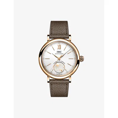 Iwc Schaffhausen Portofino Day & Night 34mm Silver-plated 18ct 5n Gold And Leather Automatic Watch In Brown