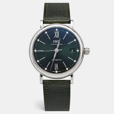 Pre-owned Iwc Schaffhausen Portofino Iw458612 Green Dial Stainless Steel Calf Leather Diamond Women's Wristwatch 37 Mm