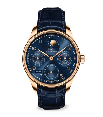 Iwc Schaffhausen Yellow Gold Portugieser Perpetual Calendar Watch In Blue