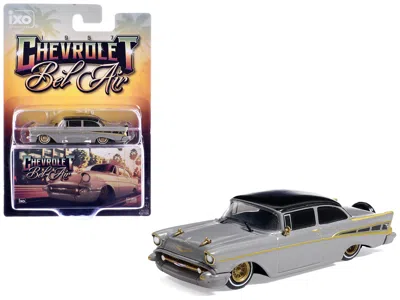 Ixo 1957 Chevrolet Bel Air Lowrider Gray With Black Top And Gold Accents 1/64 Diecast Model Car By  M