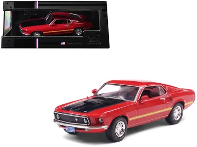 Ixo 1969 Ford Mustang Mach 1 Calypso Coral Red With Black Hood And Yellow Stripes 1/43 Diecast Model Car In Burgundy