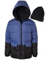 Ixtreme Toddler & Little Boys Colorblocked Full-zip Hooded Puffer Jacket With Ribbed-knit Beanie In French Blu