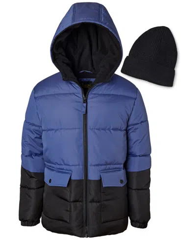 Ixtreme Kids' Toddler & Little Boys Colorblocked Full-zip Hooded Puffer Jacket With Ribbed-knit Beanie In French Blu