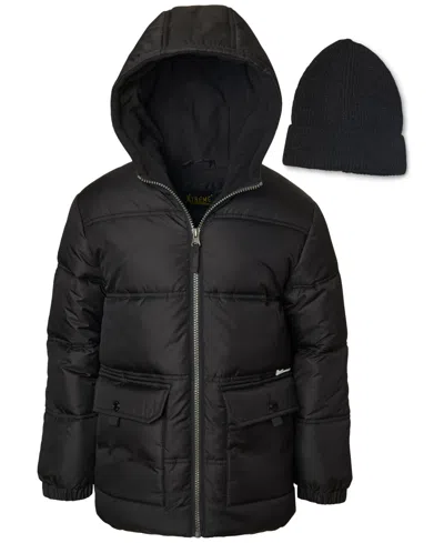 Ixtreme Kids' Toddler & Little Boys Fleece-lined Full-zip Hooded Puffer Jacket With Ribbed-knit Beanie In Black