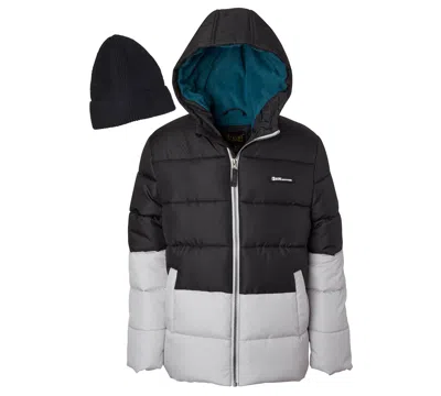 Ixtreme Babies' Toddler Boys' 2t-5t Hooded Colorblock Fleece-lined Puffer Jacket And Sweater Knit Hat, 2-piece Set In Black