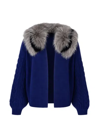 Izaak Azanei Cable-knit Fur-trim Jacket In Blue