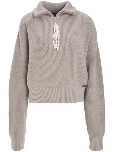 Izaak Azanei Tassel-detail Zip-up Sweater In Neutrals