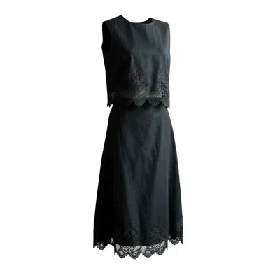 Izabela Mandoiu Black Linen Blouse And Skirt Set With Lace Embroidery