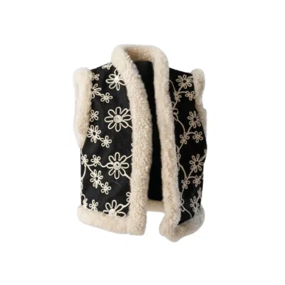 Izabela Mandoiu Women's Black Floral Shearling Trim Vest