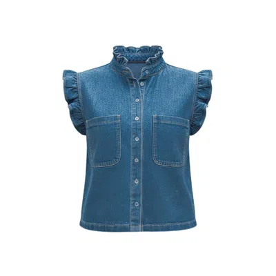 Izabela Mandoiu Women's Blue Dark-wash Ruffled Sleeveless Denim Shirt