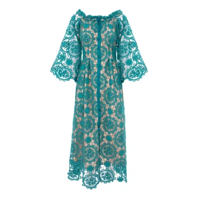 Izabela Mandoiu Women's Blue Midi Dress In Turquoise Lace With Cropped Shoulders