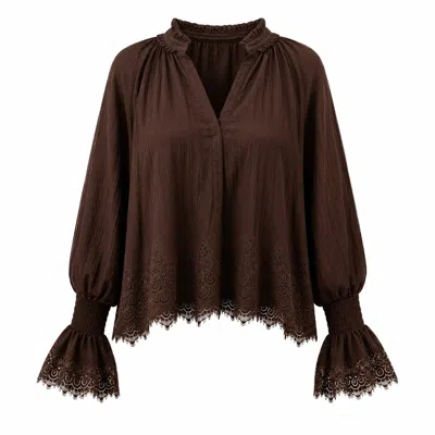 Izabela Mandoiu Women's Elegant Chocolate Brown Bohemian Blouse With Delicate Lace Embroidery And Romantic Bell Slee