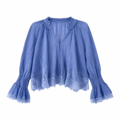 Izabela Mandoiu Women's Elegant Periwinkle Blue Bohemian Blouse With Delicate Lace Embroidery And Romantic Bell Slee