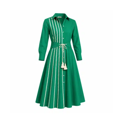 Izabela Mandoiu Women's Emerald Green Midi Shirt Dress With Ric Rac Trim & Tassel Belt
