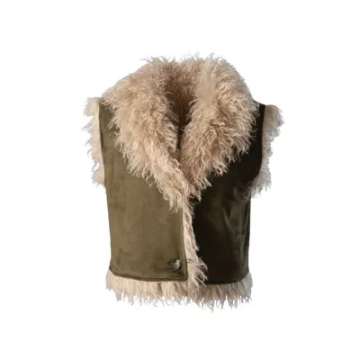 Izabela Mandoiu Women's Green Khaki Suede Shearling Trim Vest