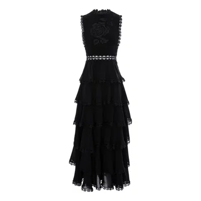 Izabela Mandoiu Women's Long Black Ruffle Dress With Lace And Floral Motif
