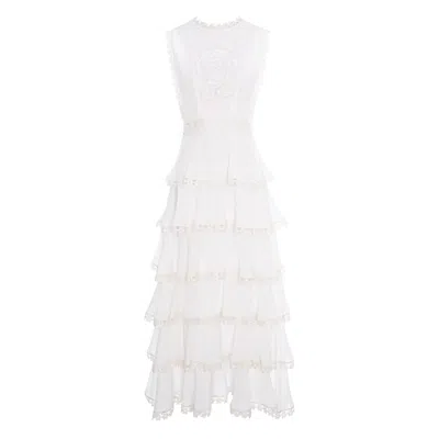 Izabela Mandoiu Women's Long White Ruffle Dress With Lace And Floral Motif