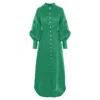 IZABELA MANDOIU WOMEN'S MAXI LINEN GREEN DRESS WITH FLORAL EMBROIDERY AND LONG SLEEVES