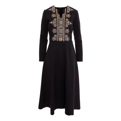 Izabela Mandoiu Women's Midi Dress In Black Jersey With Floral Embroidery