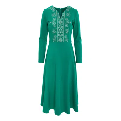 Izabela Mandoiu Women's Midi Dress In Green Jersey With Floral Embroidery