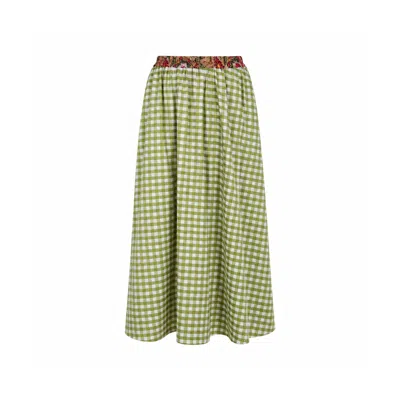Izabela Mandoiu Women's Midi Skirt Crafted In Olive Green Gingham Cotton