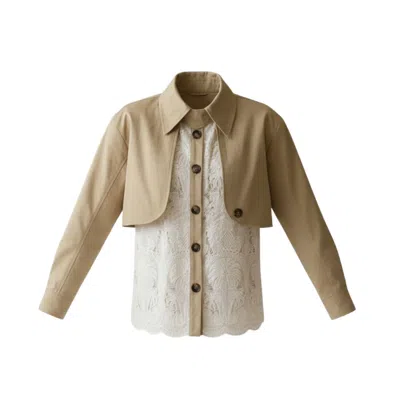 Izabela Mandoiu Women's Neutrals Khaki Cropped Trench Jacket With Lace Underlayer In Yellow