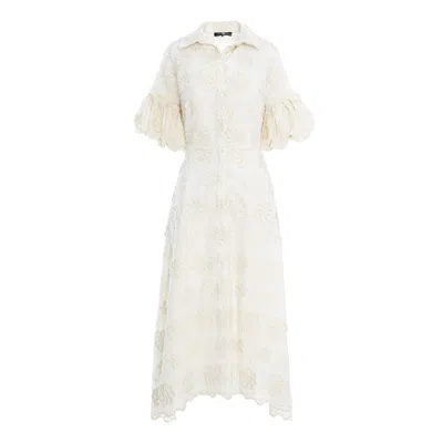 Izabela Mandoiu Women's Neutrals Midi Shirtdress In Ivory Color With Embroidered Flowers And Puff Sleeves In White