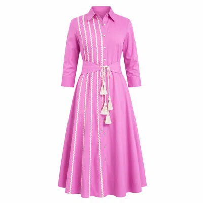 Izabela Mandoiu Women's Pink Premium Lilac Cotton Shirt Dress With Ric Rac Detailing & Tassel Tie Waist