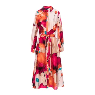 Izabela Mandoiu Women's Pink / Purple / Yellow Printed Satin Dress With Fuchsia Flowers