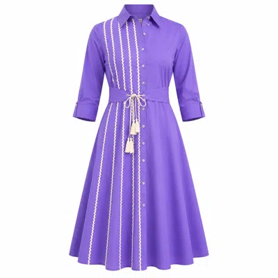 Izabela Mandoiu Women's Purple Premium Lavender Cotton Shirt Dress With Contrast Ric Rac Detailing & Tassel Waist Ti