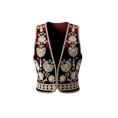Izabela Mandoiu Women's Velvet Embroidered Wine Red Vest