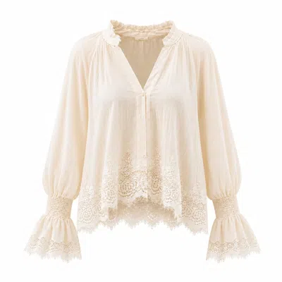 Izabela Mandoiu Women's White Elegant Ivory Bohemian Blouse With Delicate Lace Embroidery And Romantic Bell Sleeves In Neutral