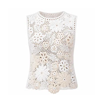 Izabela Mandoiu Women's White Elegant Macramé Lace Top – Ivory & Beige Floral Crochet Sleeveless Blouse