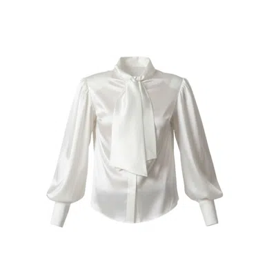 Izabela Mandoiu Women's White Silk Blouse With Neck Bow And Voluminous Sleeves