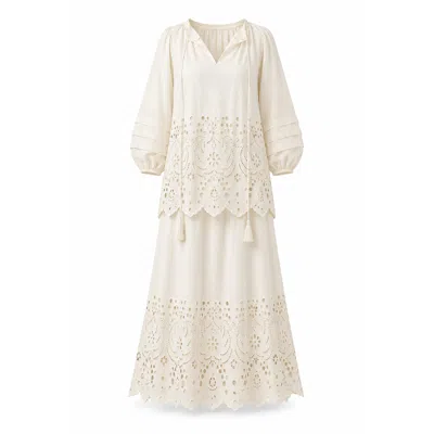Izabela Mandoiu Yellow Premium Ivory Cotton Broderie Anglaise Maxi Skirt & Tunic Set