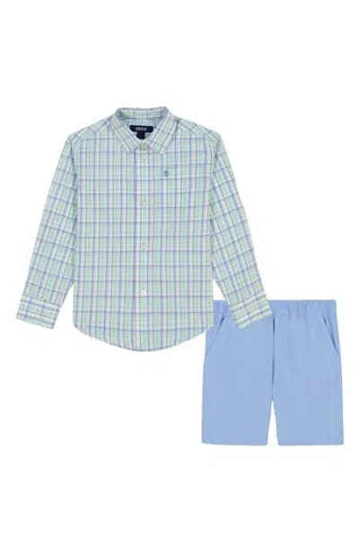 Izod Kids' Plaid Button-down Shirt & Shorts In Birds Egg