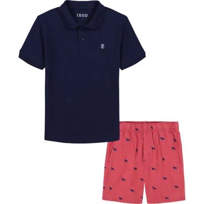 Izod Kids' Solid Polo & Dog Print Shorts Set In Holly Berry