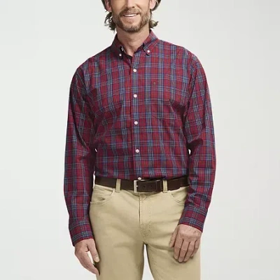 Izod Performance Comfort Tartan Mens Long Sleeve Classic Fit Stretch Fabric Button-down Shirt In Red
