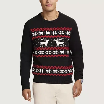 Izod Reindeer Mens Crew Neck Long Sleeve Pullover Sweater In Black
