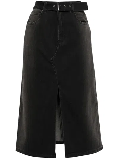 Izzue Belted Denim Midi Skirt In 黑色