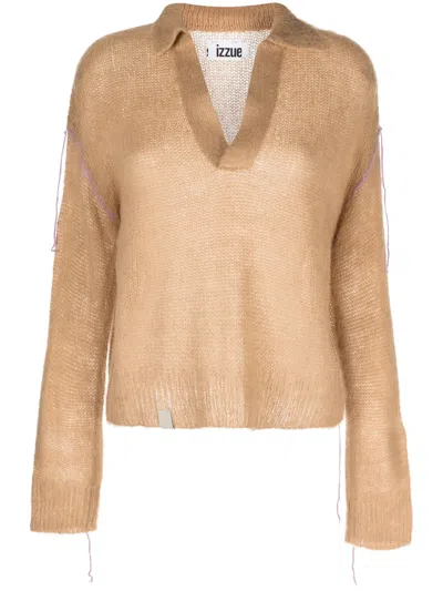 Izzue Decorative-stitching Polo-collar Jumper In Brown