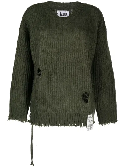 Izzue Distressed-effect V-neck Jumper In Green