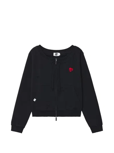 Izzue Distressed Heart-patch Zip-up Sweatshirt In Black